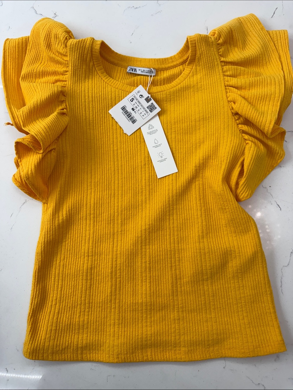 Zara Yellow Ribbed Top with Ruffle Sleeves